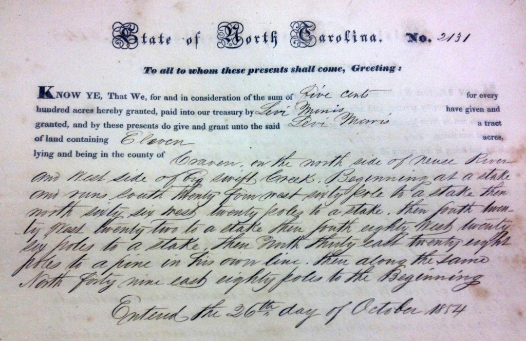 Levi MORRIS Land Grant - Craven County Patent Book 5, Page 171