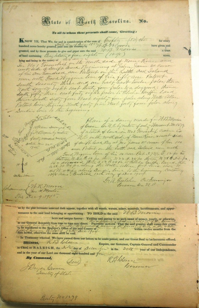 William B. MORRIS Land Grant - Craven County Patent Book 5, Page 294