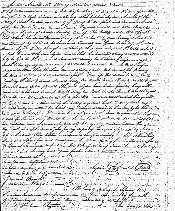 Lydia ARNOLD to Henry ARNOLD Heirs Deed: Ormond Arnold, Sally Cox, Noah Arnold, Burrel Arnold, Bryant Arnold and Allen Arnold