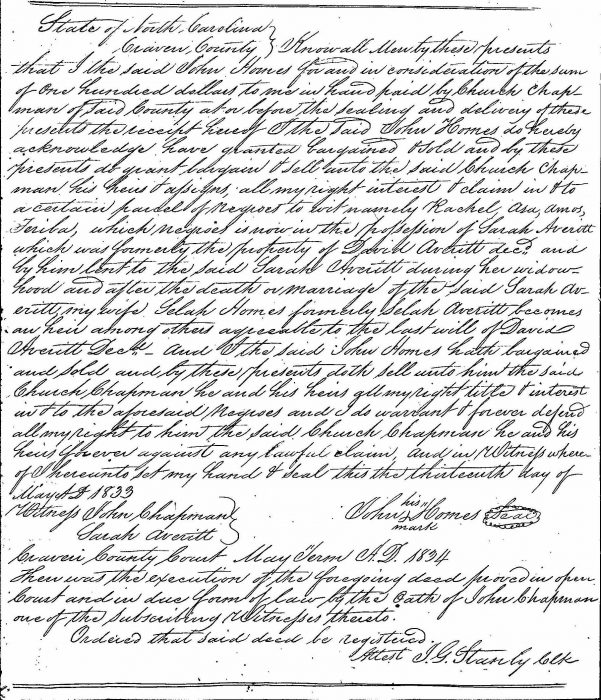 HOLMES, John to CHAPMAN, Church - Sale of interest in 4 slaves