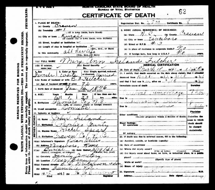 Mary Ann Ireland was born Jan. 26, 1876.
