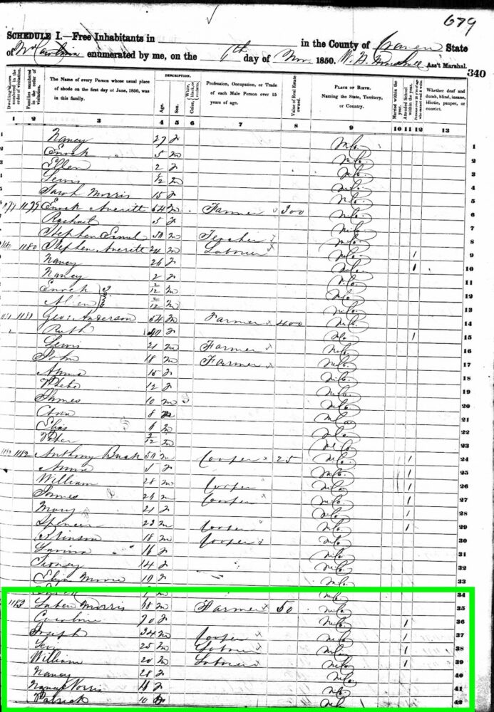 November 6, 1850 - Nancy MORRIS is in the household of Laban and Carolina "Kitty" MORRIS. Her age is given as 28, meaning she was born about 1822.